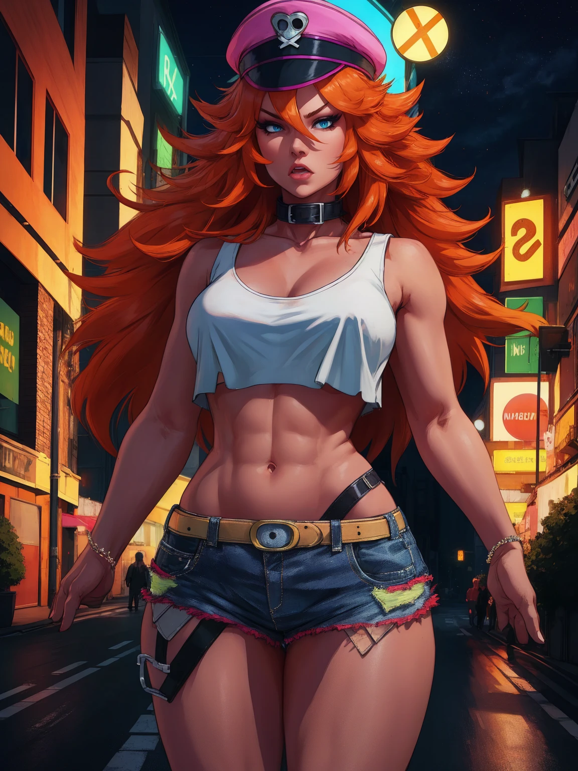 roxy,orange hair,blue eyes,long hair,white crop top,collar,short shorts, peaked cap, upper body,looking at viewer, night,neon lights,streets, (insanely detailed, masterpiece, best quality),solo, 