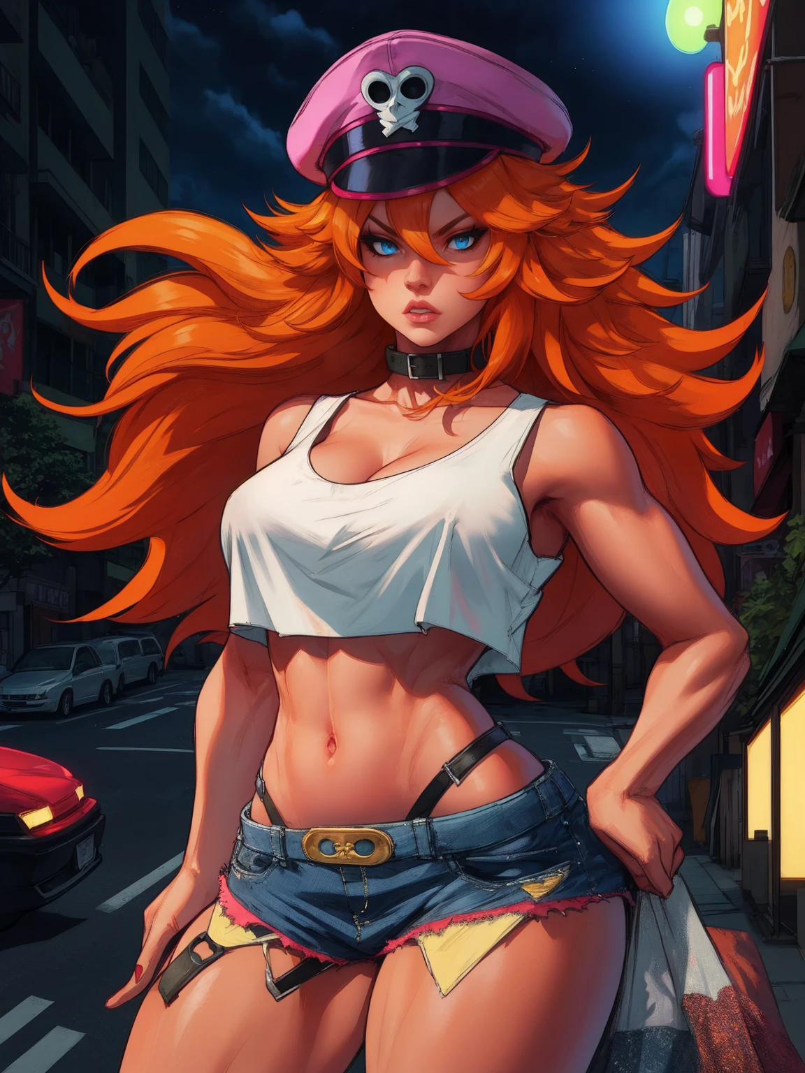 roxy,orange hair,blue eyes,long hair,white crop top,collar,short shorts, peaked cap, upper body,looking at viewer, night,neon lights,streets, (insanely detailed, masterpiece, best quality),solo, 