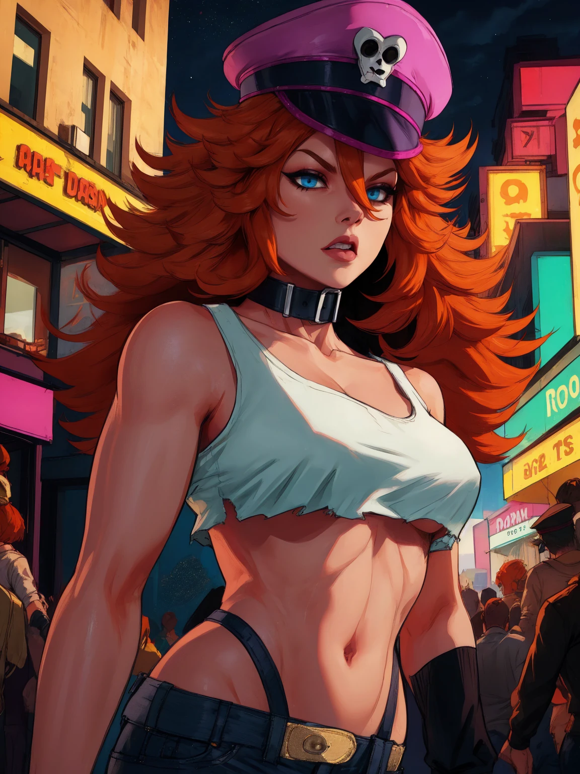 roxy,orange hair,blue eyes,long hair,white crop top,collar,short shorts, peaked cap, upper body,looking at viewer, night,neon lights,streets, (insanely detailed, masterpiece, best quality),solo,