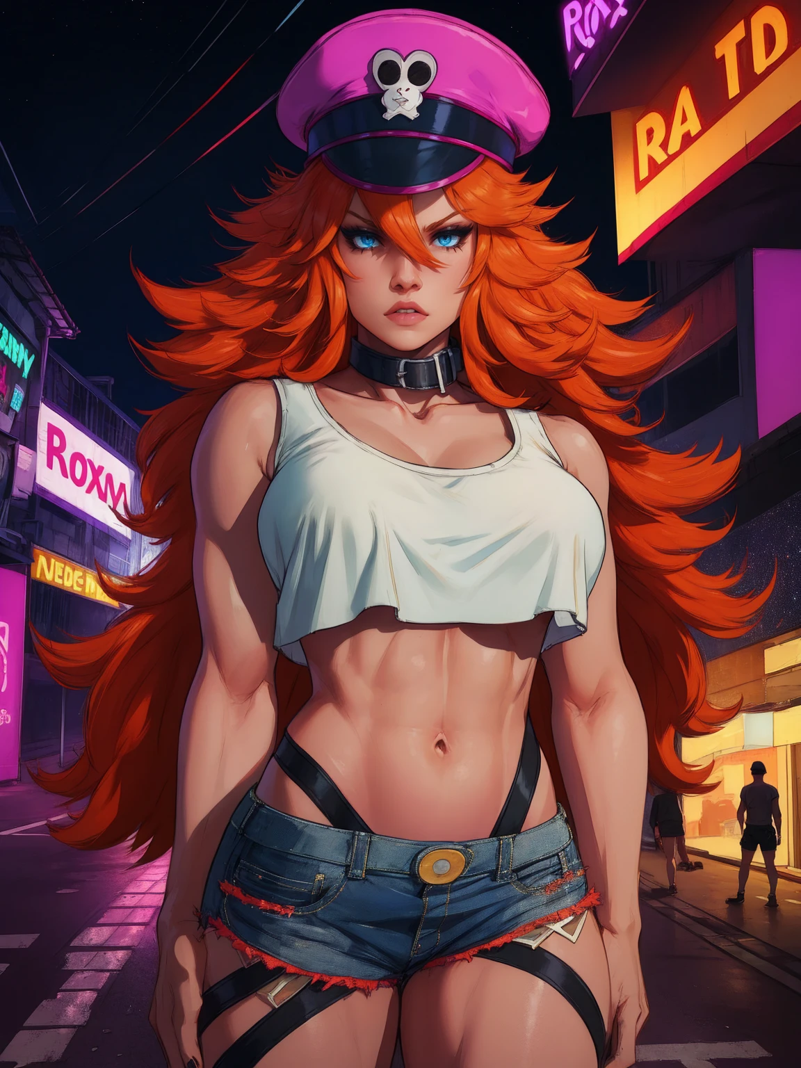 roxy,orange hair,blue eyes,long hair,white crop top,collar,short shorts, peaked cap, upper body,looking at viewer, night,neon lights,streets, (insanely detailed, masterpiece, best quality),solo,