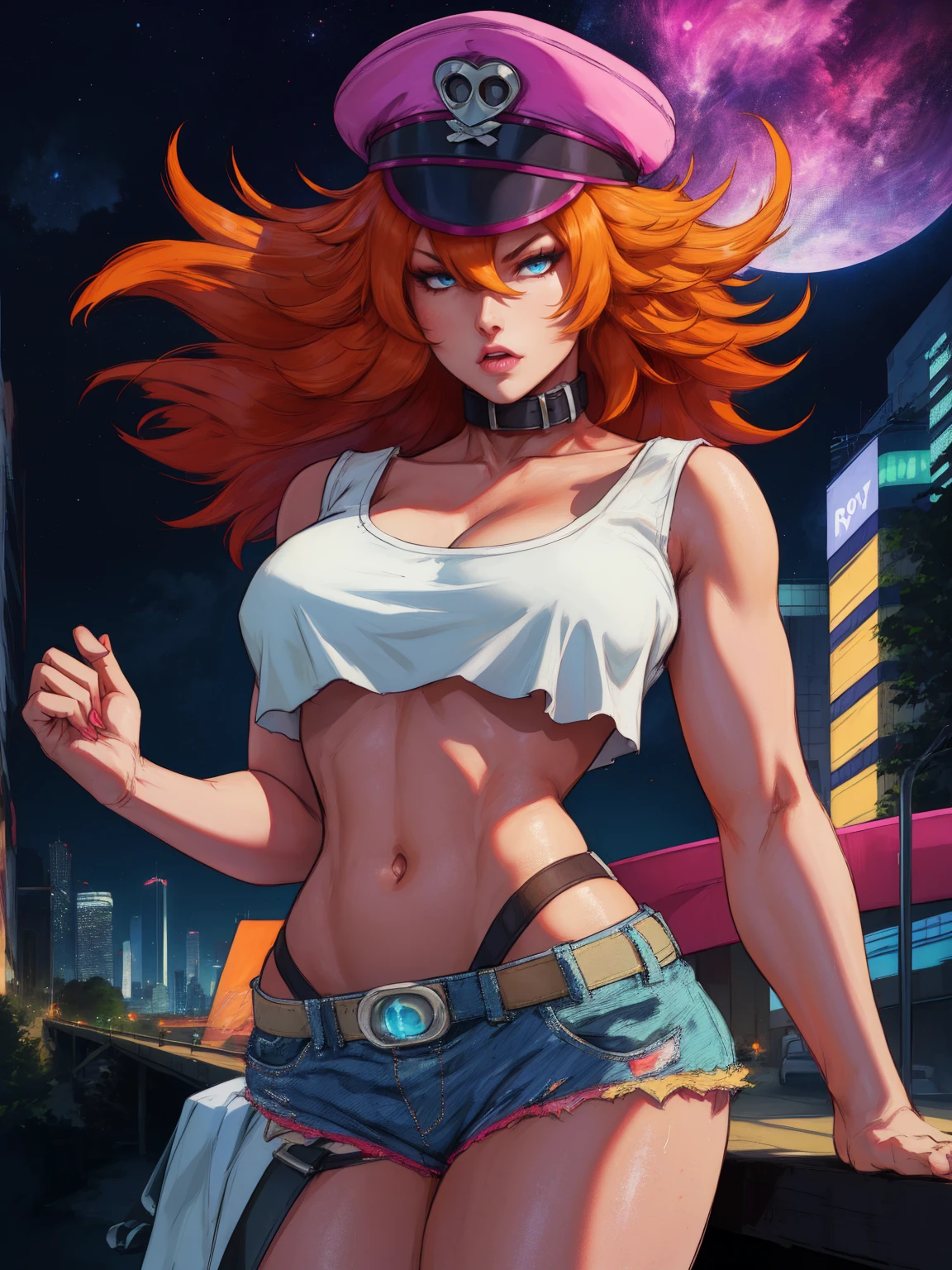 a detailed portrait of roxy, a girl with orange hair and blue eyes, wearing a white crop top, collar, and short shorts, also wearing a peaked cap, set against a night cityscape with neon lights, (insanely detailed, masterpiece, best quality), solo