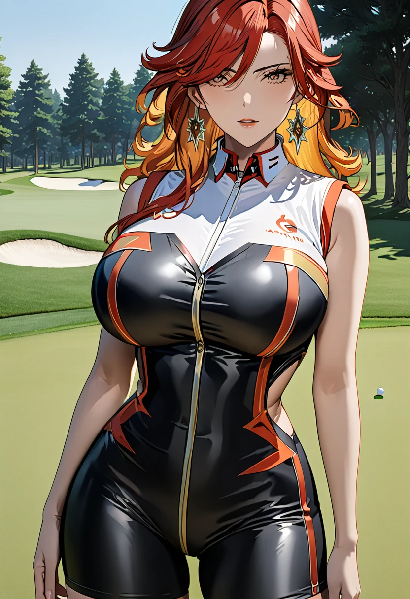 (Masterpiece), (detailed anime style), (super detailed), (perfect work), (4k), you are suffering, lovely, Madura, sexy tight golfer clothing, very big breasts, I will trace the great, bare arms, on a golf course