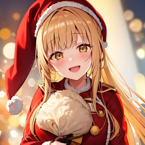 1girl,shiina mahiru ,yellow eyes,blonde hair,red santa costume,happy,smile