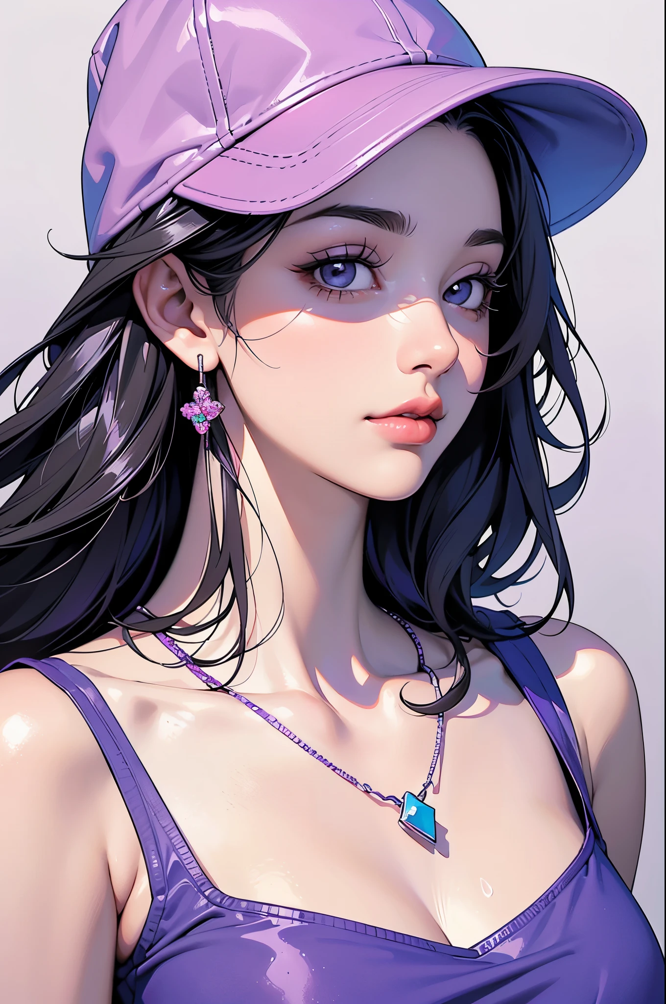 Close up Illustration portrait of a woman wearing a baseball hat, wearing a purple tank top with a stunning necklace, looking up and to the side, ((clean background single color)), she’s thinking intently, dark hair, beautiful face, slight smile, stunning digital illustration, beautiful digital artwork, realistic digital art 4k, beautiful digital painting
