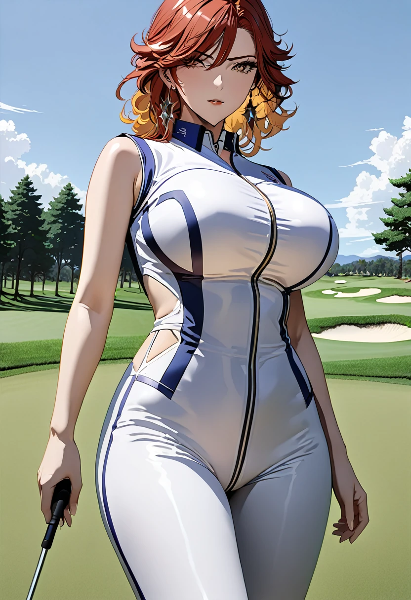 (Masterpiece), (detailed anime style), (super detailed), (perfect work), (4k), you are suffering, lovely, Madura, sexy tight golfer clothing, very big breasts, I will trace the great, bare arms, on a golf course