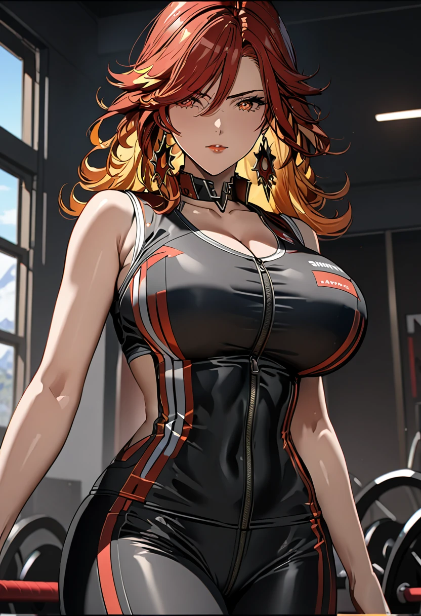 (Masterpiece), (detailed anime style), (super detailed), (perfect work), (4k), you are suffering, lovely, Madura, sexy tight gym clothes, very big breasts, I will trace the great, bare arms, training