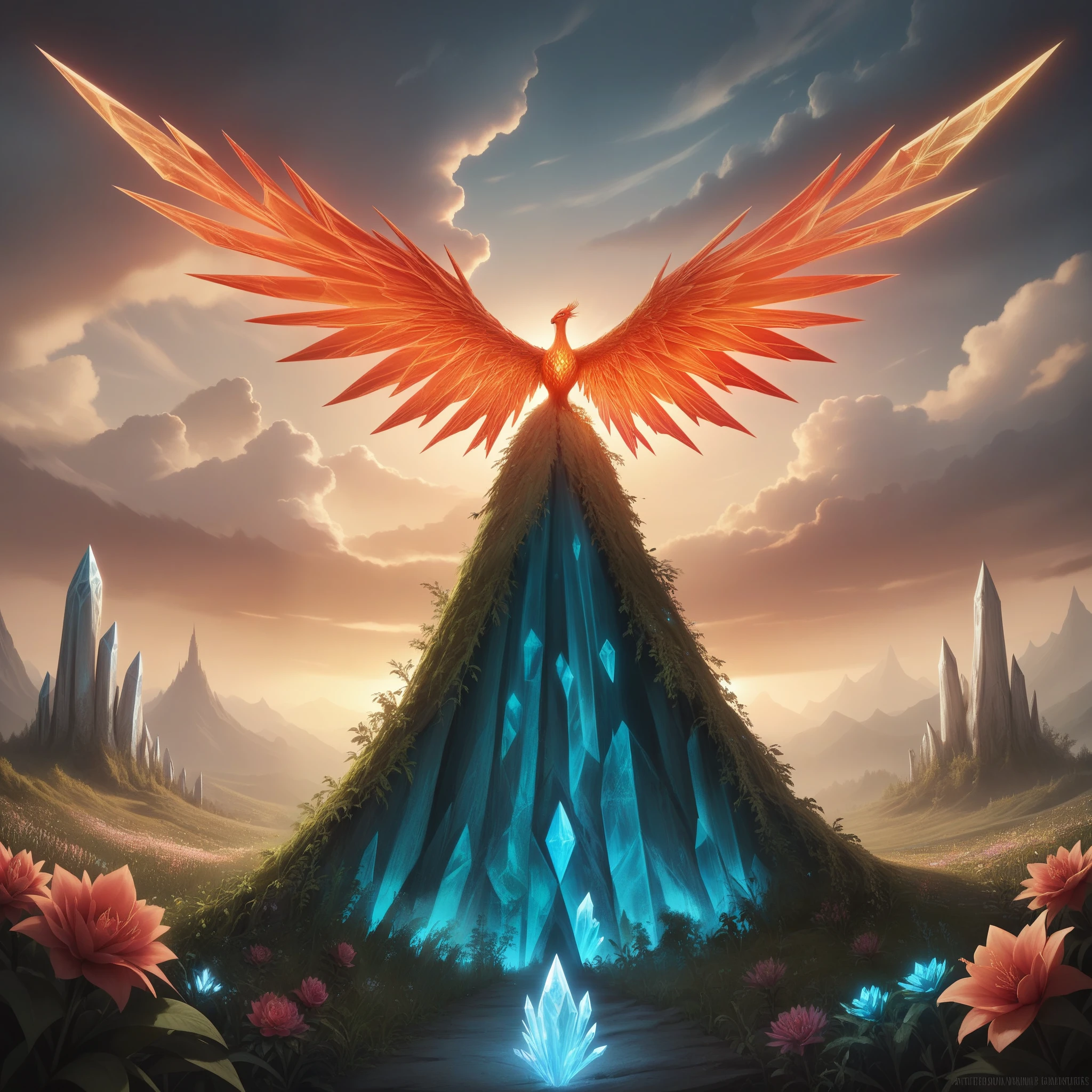 a phoenix, skyrim, sunset, horizon, crystals, flowers and plants, highly detailed, 8k, photorealistic, dramatic lighting, epic fantasy scene, dramatic cloudy sky, vibrant colors, volumetric fog, lush vegetation, intricate crystal formations, glowing crystals, mystical atmosphere, hyper realistic, extremely detailed texture, masterpiece, studio quality