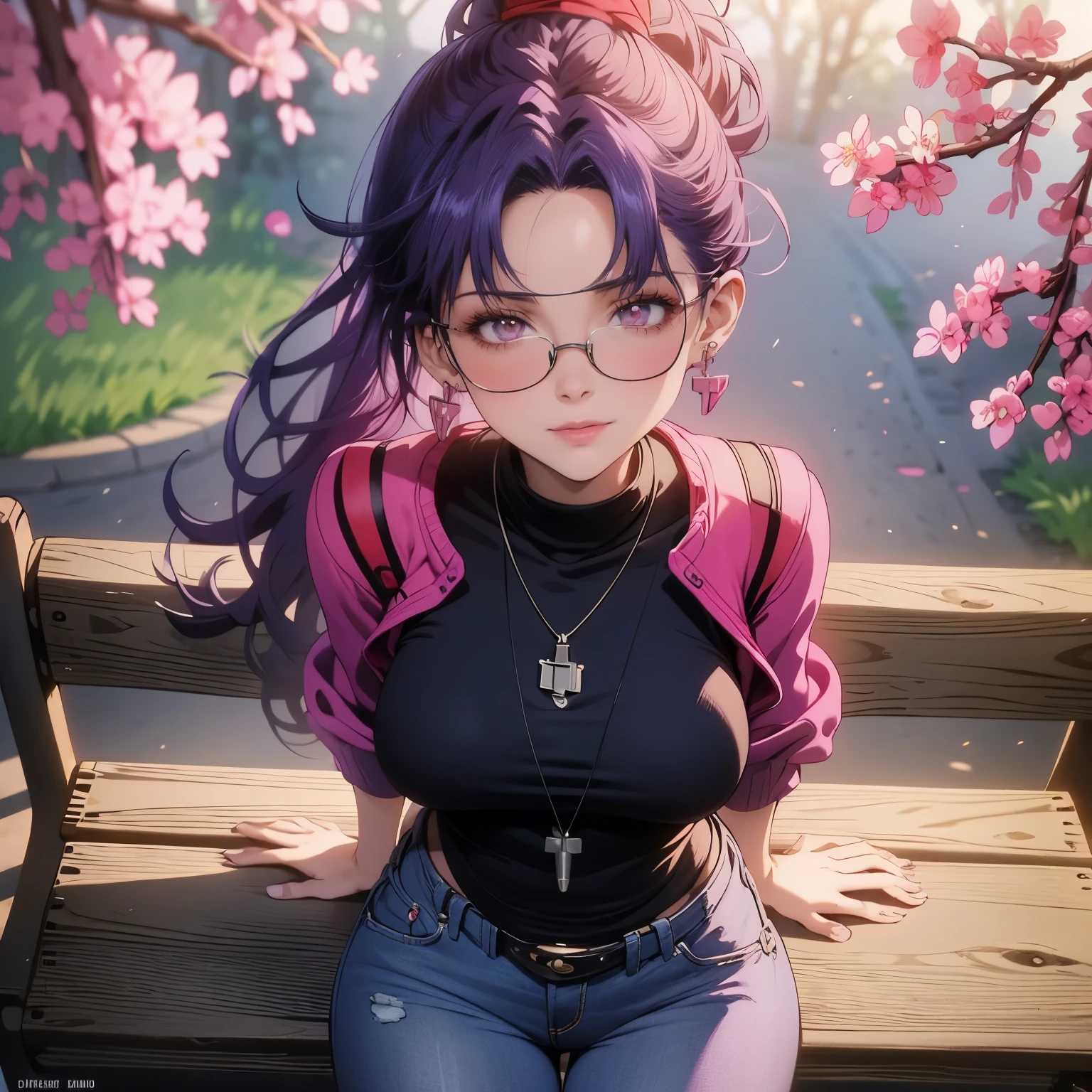 4k, HDR, full HD, masterpiece, 1 girl, (purple hair), perfect anatomy, full body, wears a long sweater dressed in blue and pink, short jeans, triangle earrings, red lips, hair in a ponytail , is sitting on a park bench, under the shade of a cherry tree
