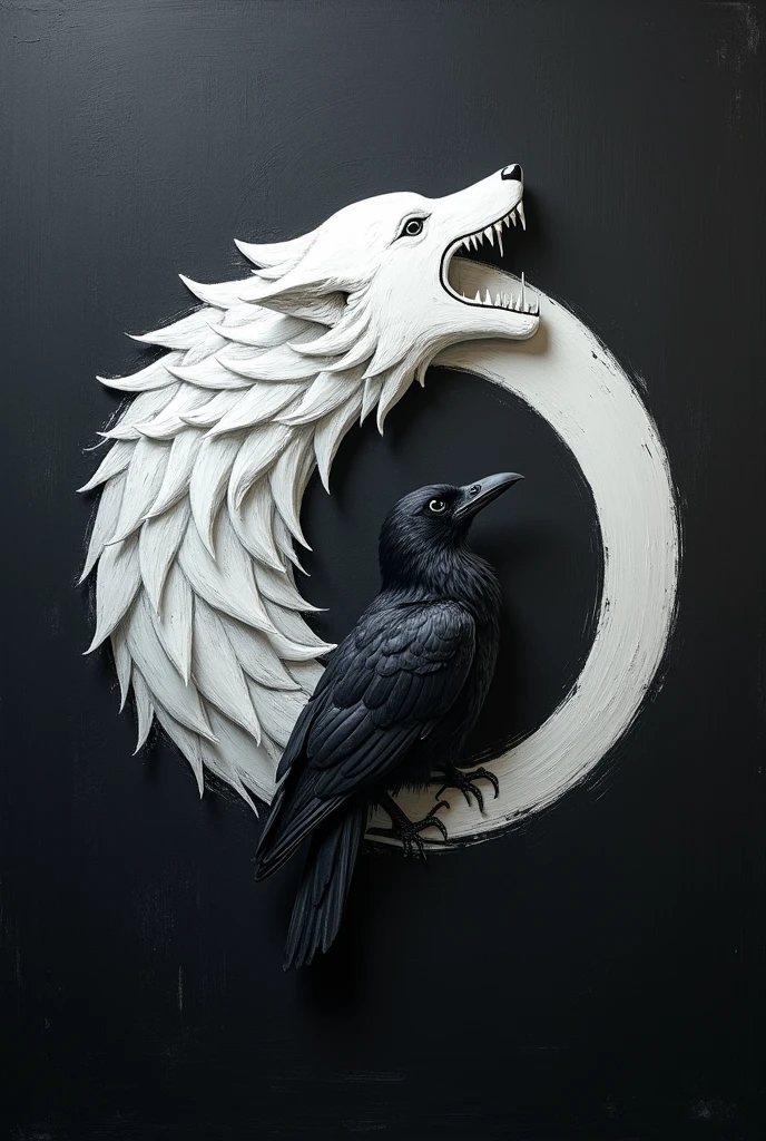 Korean flag symbol, black background and symbol in white color, as if it were a painting on a blackboard, the middle symbol will be of wing and wang but in the shape of a white wolf, and a black crow in the same shape as the wing wang inside the circle. the whole image is like a vertical flag, de um clã cujo o nome é Shadowkawns