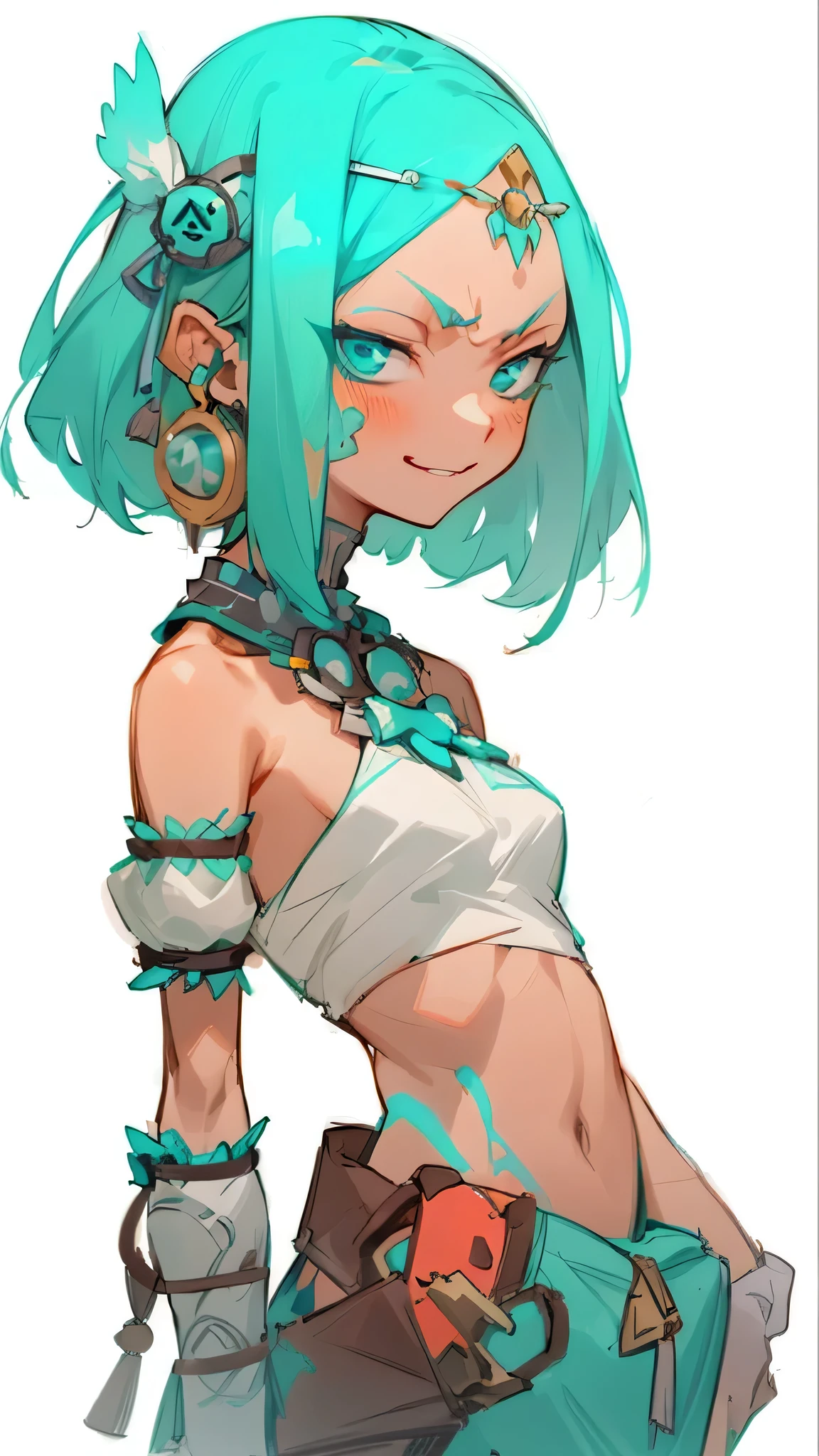 a drawing of a girl with green hair and a white top, anime girl with teal hair, knights of zodiac girl, 2 d anime style, mikudayo, turquoise, pixiv style, anime styled, teal skin, anime stylized, anime style character, stylized anime, wakfu colors + symmetry, top rated on pixiv, 2 d styleHD, (Best Detail), (Best Quality), Grimjo Jaegyaks, black boots, natural light, blue sky, angry eyes, smile, looking at the audience, full body,