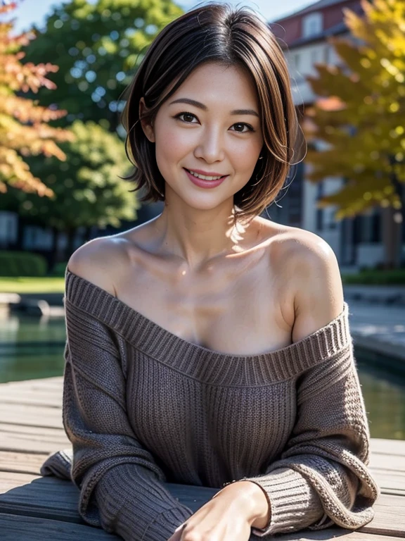 (RAW Photos), (Photorealistic), (masterpiece), (Best Quality), High resolution, 8k, (Intricate details), (Big Light), Portrait of a woman, (Portrait)、50 years old, 1 female、Short Hair, Straight Hair , Layered Hair, 茶colorの髪, Very beautiful eyes, Very beautiful eyebrows, Very beautiful skin, Very beautiful mouth, Very beautiful nose, Cute like an idol, Happy smile, color々Expression、Random emotions、 (Thick lips), (Looking at the audience), (Shoulderless knit sweater),single bare shoulder、((Full body painting:1.0))、((Random body orientation、Random pose))、Autumn scenery on the mountain lake
