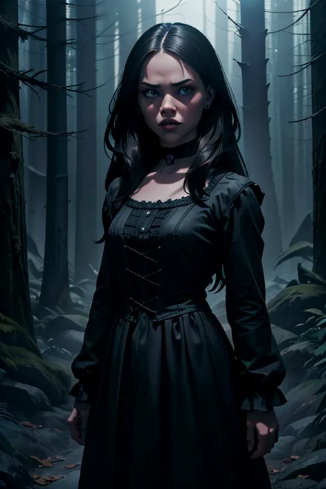 a serious indifferent looking jenna ortega as wednesday adams, dark gothic style, porcelain skin, long dark hair, piercing eyes,...