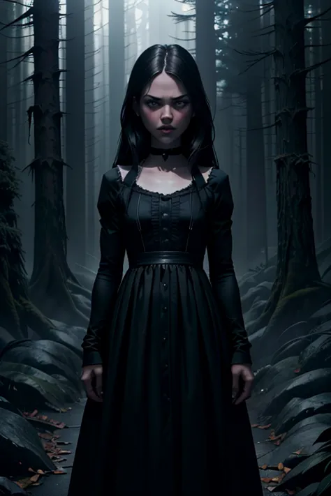 a serious indifferent looking jenna ortega as wednesday adams, dark gothic style, porcelain skin, long dark hair, piercing eyes,...