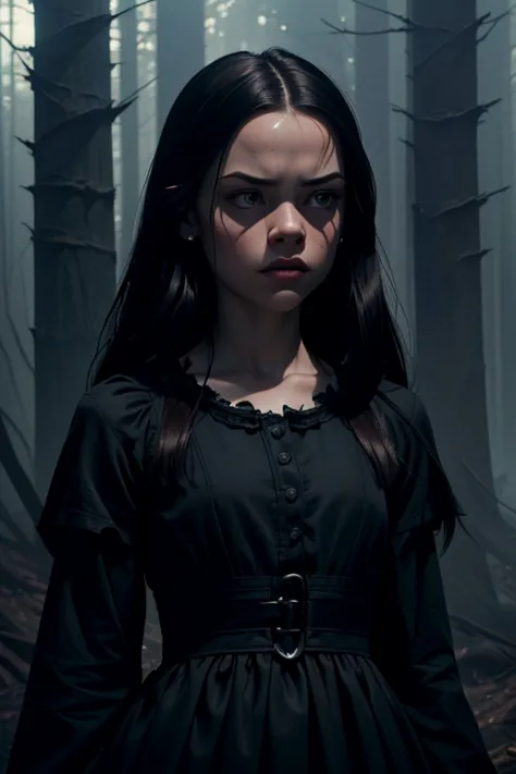 a serious indifferent looking jenna ortega as wednesday adams, dark gothic style, porcelain skin, long dark hair, piercing eyes,...