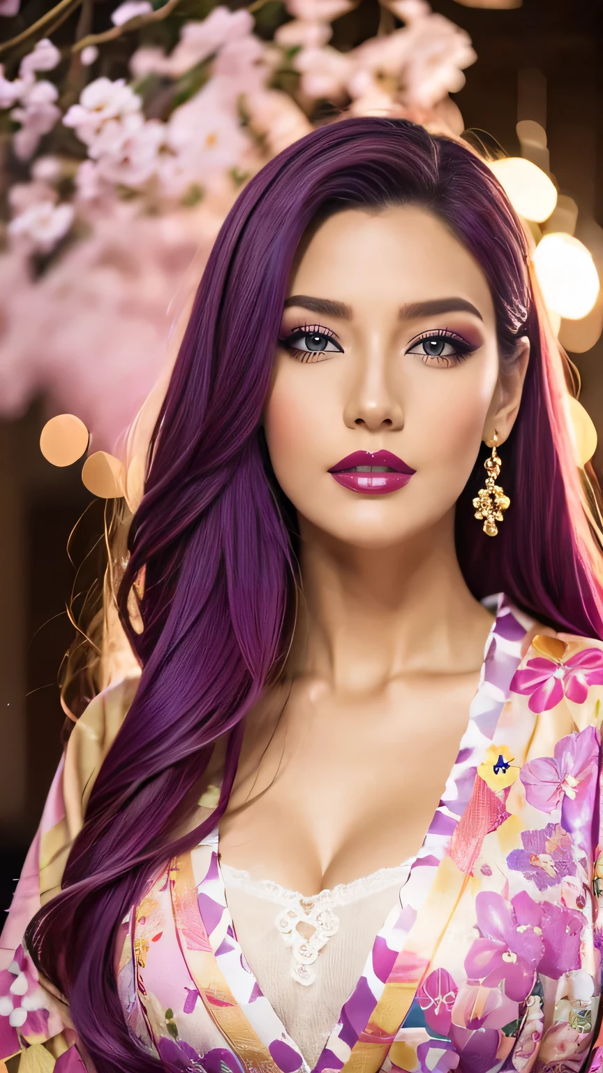 Realistic, Highest quality, 8k, woman, 20-year-old, Sakura pattern kimono, Large Bust, Long Hair, Ultra-detailed skin textures, Soft Lighting, Fairy, Bokeh, purple Lipstick, Sensual Lipstick, Sensational Make up 