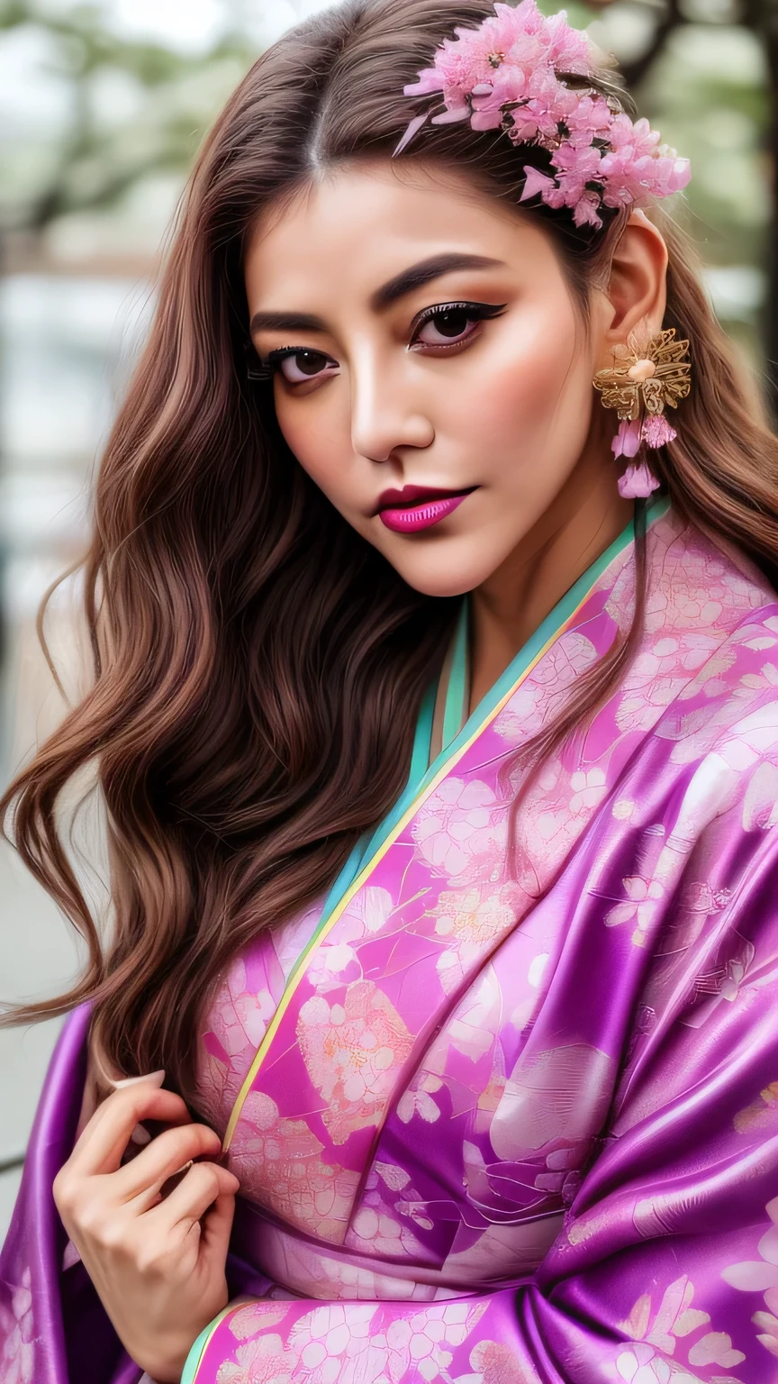 Realistic, Highest quality, 8k, woman, 30-year-old, Sakura pattern kimono, Large Bust, Long Hair, Ultra-detailed skin textures, Soft Lighting, Fairy, Bokeh, purple Lipstick, Sensual Lipstick, Sensational Make up 