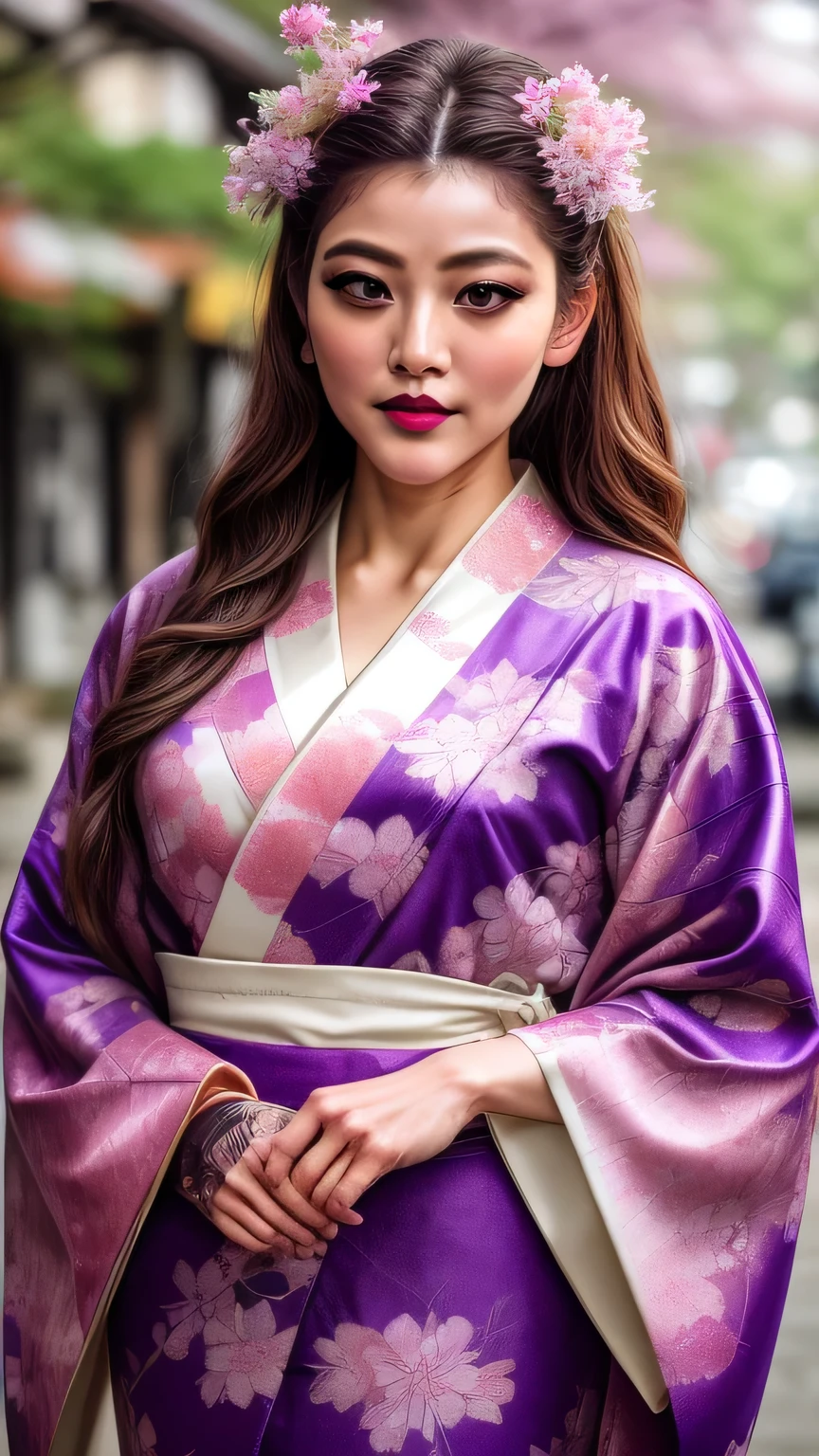 Realistic, Highest quality, 8k, woman, 30-year-old, Sakura pattern kimono, Large Bust, Long Hair, Ultra-detailed skin textures, Soft Lighting, Fairy, Bokeh, purple Lipstick, Sensual Lipstick, Sensational Make up 