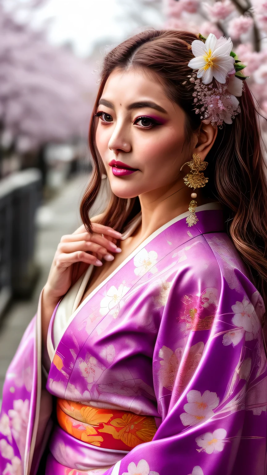 Realistic, Highest quality, 8k, woman, 30-year-old, Sakura pattern kimono, Large Bust, Long Hair, Ultra-detailed skin textures, Soft Lighting, Fairy, Bokeh, purple Lipstick, Sensual Lipstick, Sensational Make up 