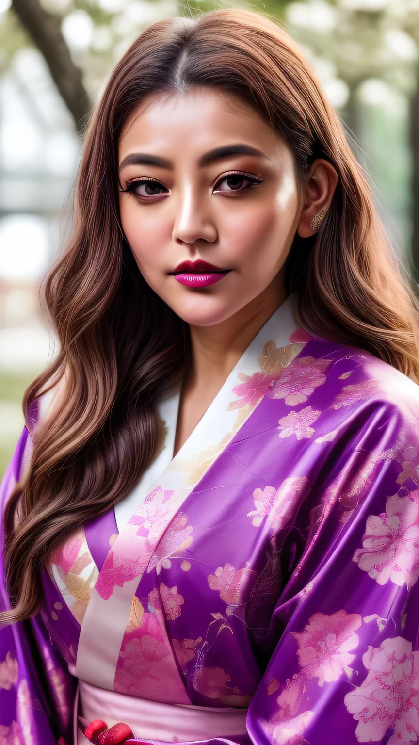 Realistic, Highest quality, 8k, woman, 30-year-old, Sakura pattern kimono, Large Bust, Long Hair, Ultra-detailed skin textures, Soft Lighting, Fairy, Bokeh, purple Lipstick, Sensual Lipstick, Sensational Make up 