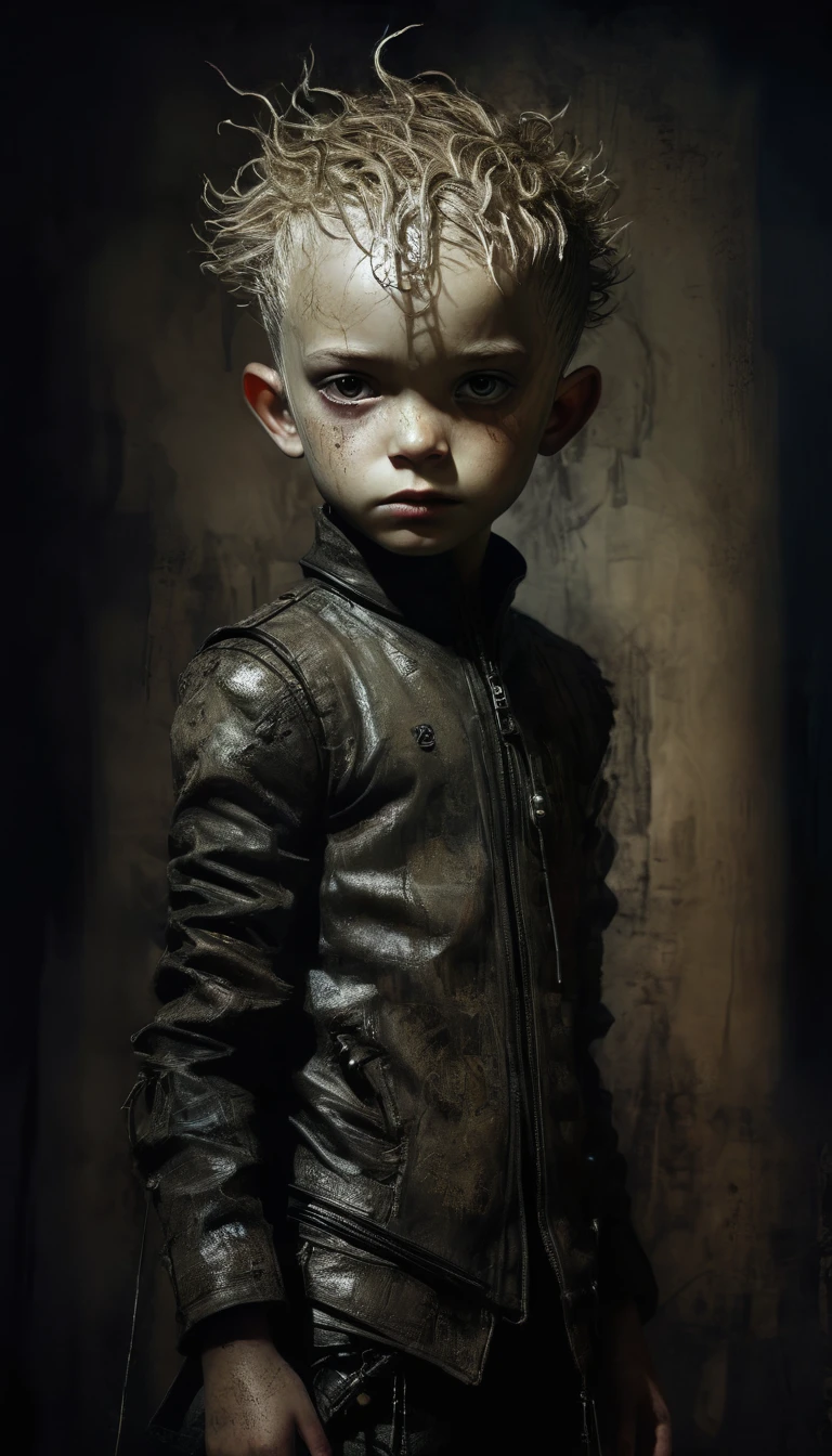 anatomically correct:1.3, Intricate and detailed portrait of a male child., Fantasy character design, cyberpunk, Dark and gloomy lighting, spectacular chiaroscuro lighting, film composition, Ashley Wood Style, sandy grunge texture, sharp focus, hyper detailed, 8K, (The best quality:1.2), (photorealistic:1.37). AniPnyXLQuality, HashbinPnyXL