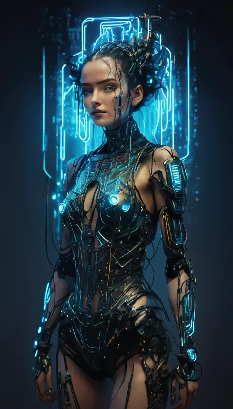 dibujo surrealista:1.5, detailed highly realistic robot woman, beautiful intricate cybernetic woman with circuits and terminals ...