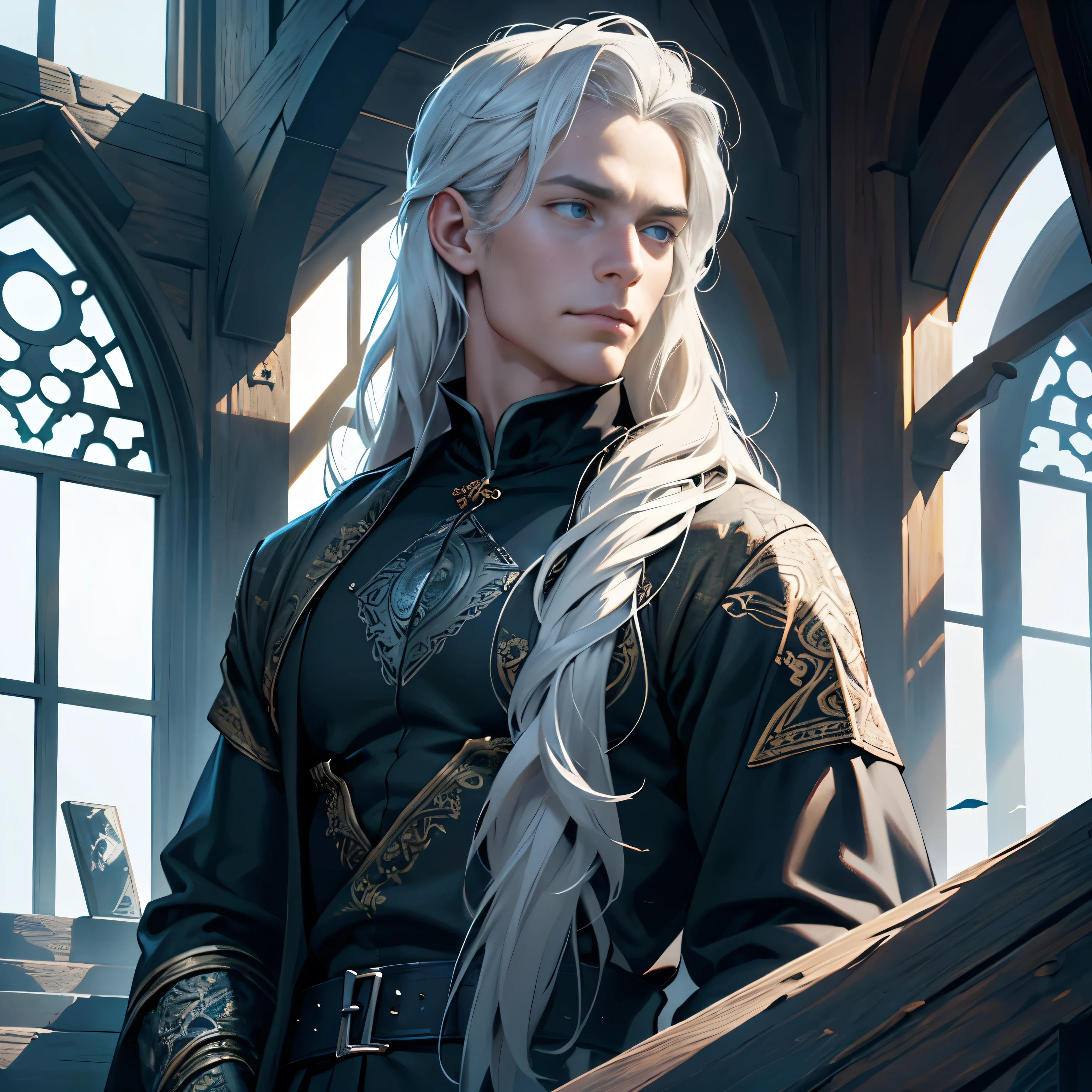 ((Best quality)), ((masterpiece)), ((realistic cartoon)), ((perfect character)):

In this stunning and highly detailed realistic cartoon, we present a male Targaryen house from the series House of the Dragon. The man stands tall, 2, and powerfully built, He has long-medium silver hair and he has a stern face. He had blue eyes, wore a black wardrobe, and had a strong balanced muscle body.


Every element of this masterpiece is carefully designed to create a sense of realism and immersion. The intricacies of the man's clothing, the mesmerizing effects of the area around him and he was in Winterfell, and the level of detail in his weathered face all contribute to a captivating visual experience. This artwork is presented in stunning UHD resolution, allowing you to appreciate every nuance and intricacy in breathtaking detail.

Eye level, scenic, masterpiece.