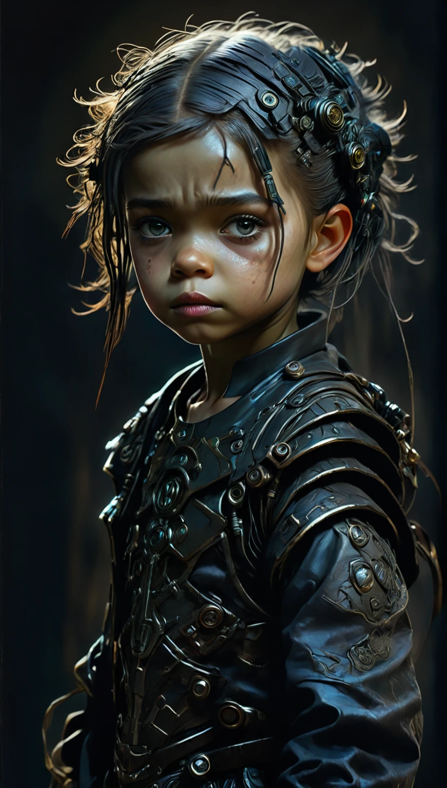 anatomically correct:1.3, Intricate and detailed portrait of a child., Fantasy character design, cyberpunk, Dark and gloomy lighting, spectacular chiaroscuro lighting, film composition, Ashley Wood Style, sandy grunge texture, sharp focus, hyper detailed, 8K, (The best quality:1.2), (photorealistic:1.37). AniPnyXLQuality, HashbinPnyXL