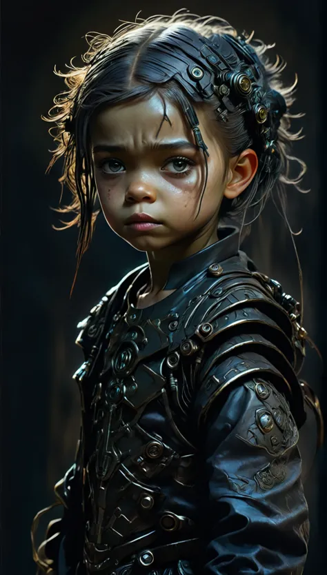 anatomically correct:1.3, intricate and detailed portrait of a child., fantasy character design, cyberpunk, dark and gloomy ligh...