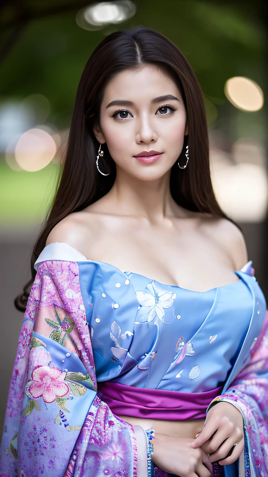 Realistic, Highest quality, 8k, woman, 20-year-old, Sakura pattern kimono, Large Bust, Long Hair, Ultra-detailed skin textures, Soft Lighting, Fairy, Bokeh, purple Lipstick, Sensual Lipstick, Sensational Make up 