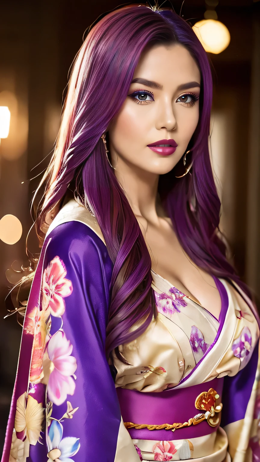 Realistic, Highest quality, 8k, woman, 20-year-old, Sakura pattern kimono, Large Bust, Long Hair, Ultra-detailed skin textures, Soft Lighting, Fairy, Bokeh, purple Lipstick, Sensual Lipstick, Sensational Make up 