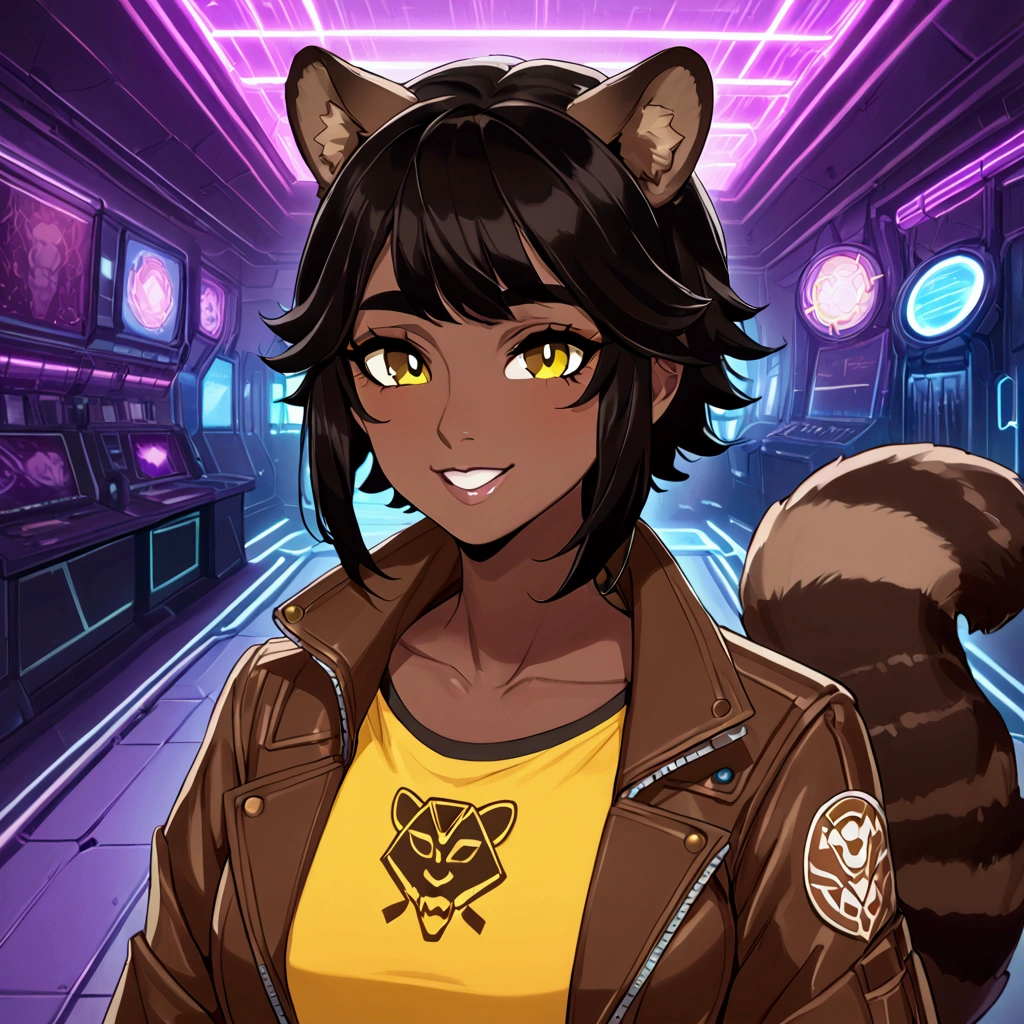 (8k, 4k, intricate),(halfbody-shot:1), (highly detailed:1.2),(detailed background:1.2),((dark skin, beatiful face,plump lips, smiling)), ((raccoon ears, tanuki tail))((sci-fi aesthetic, futuristic clothing, cyberpunk aesthetic))) (Best quality, 4k, Masterpiece :1.3), ultra-detailed face, detailed lips, detailed eyes, double eyelid masterpiece, best quality, ultra highres, detailed illustration, portrait, detailed anime drawing anime image of a young man with a raccoon ears and a yellow shirt, tanuki-like black rings around his eyes, raccoon tail, brown and orange jacket, yellow shirt with hornet logo, character portrait of me, portrait of ((mischievous)), in style of tyler mitchell, official fanart, detailed fanart, commission for high res, character concept portrait of me, sly smile, high quality fanart, kemonomini, character concept portrait of me, detailed character portrait, as a dnd character, discord pfp, avatar for website, a character portrait, (dark brown skin), (african American skin tone), (black hair with orange highlight), (full body), (handsome) portrait of ((mischievous)), character portrait of me character half body portrait, commission for high res, oc commission, anime vibes, cyberpunk art ultrarealistic 8k, cyberpunk style, 