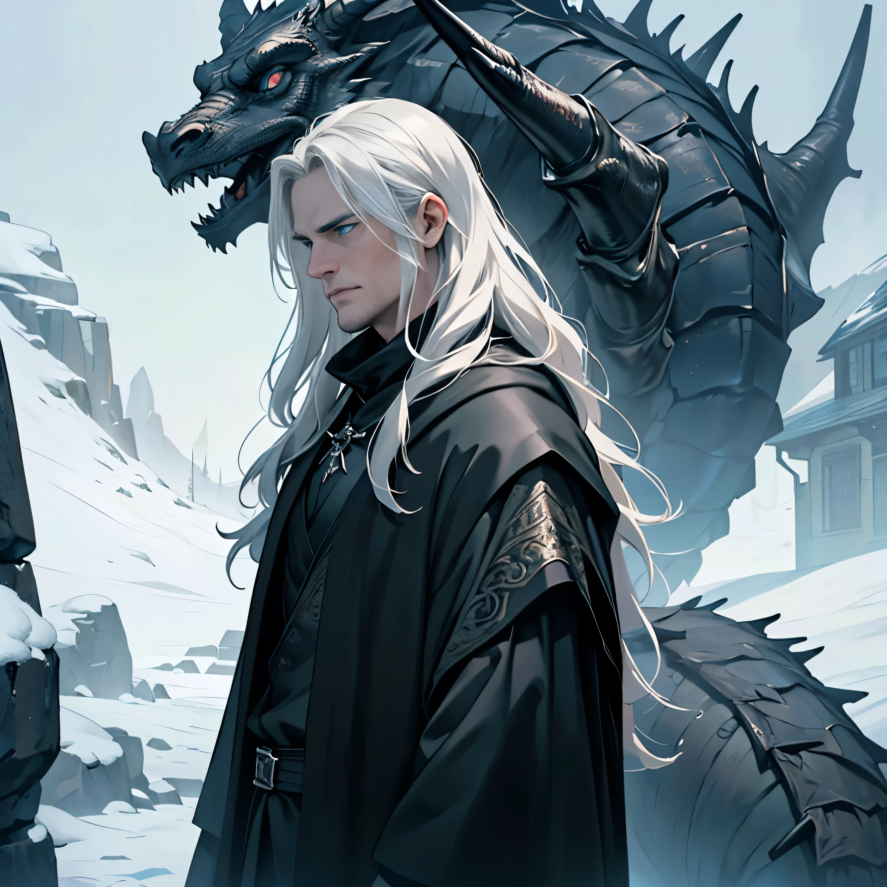 ((Best quality)), ((masterpiece)), ((realistic cartoon)), ((perfect character)):

In this stunning and highly detailed realistic cartoon, we present a male Targaryen house from the series House of the Dragon. The man stands tall, middle-aged man, and powerfully built, He has long-medium silver hair and he has a stern face. He had blue eyes, wore a black wardrobe, a black cloak, and had a strong balanced muscle body.


Every element of this masterpiece is carefully designed to create a sense of realism and immersion. The intricacies of the man's clothing, the mesmerizing effects of the area around him and he was in Winterfell, and the level of detail in his weathered face all contribute to a captivating visual experience. This artwork is presented in stunning UHD resolution, allowing you to appreciate every nuance and intricacy in breathtaking detail.

Eye level, scenic, masterpiece.