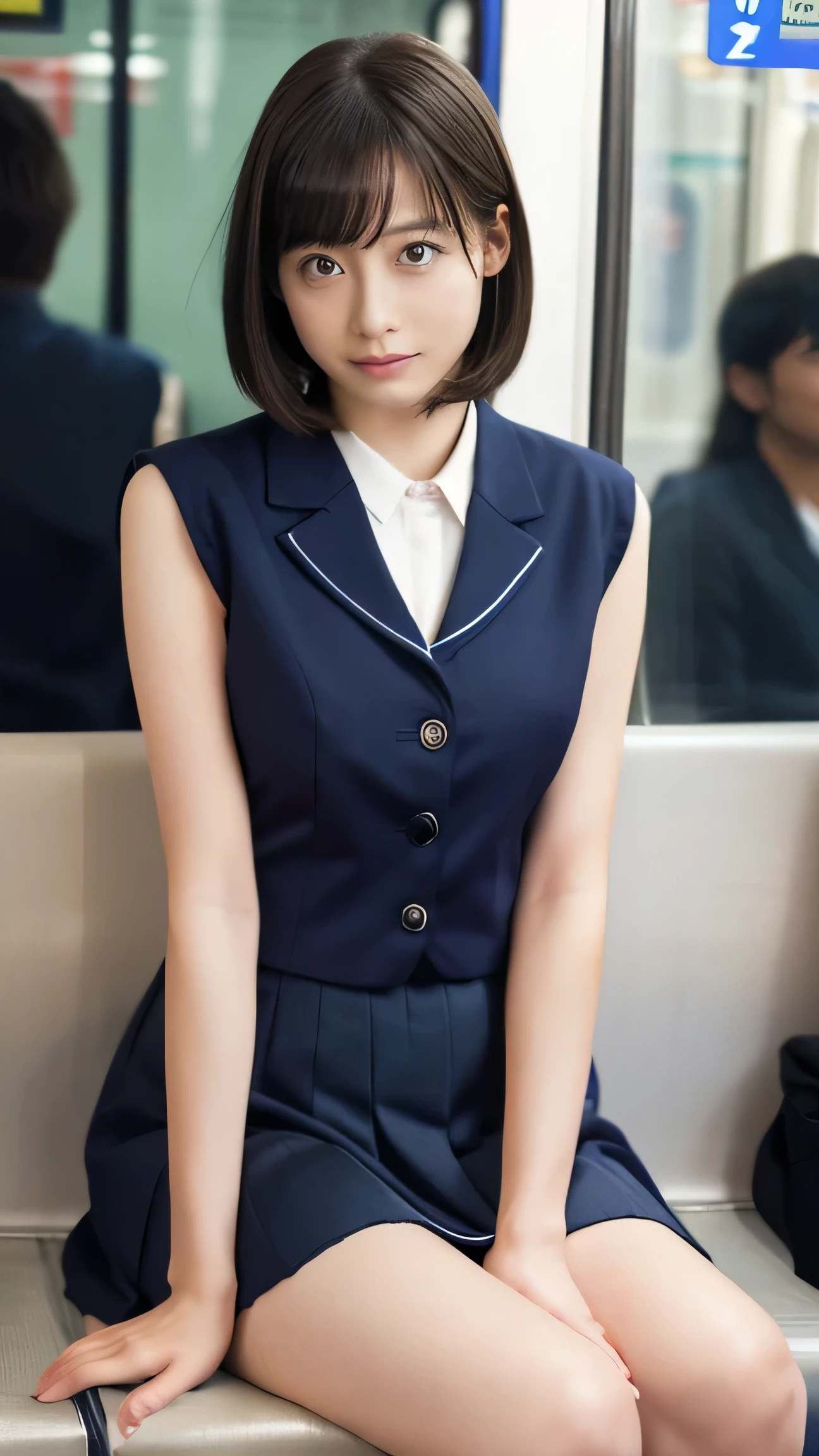 High resolution images, viewer discretion advised, 8k, very detailed, accurate, best quality, one girl, lonely, delicate fingers, delicate eyes, very short hair, very thin thighs: 1.5, night train, underwear, , student pack, (Japanese uniform), (navy blue skirt), ((sitting on train seat: 1.5)), underwear, , M-shaped legs, (navy blue pleated skirt), full body photo, ((legs open, one foot on seat, holding skirt with both hands))), showing sexy white: 1.5), practical, (white, collared shirt, ribbon tie), (showing crotch to audience: 1.5), (thin fabric, not exposing upper body: 1.5), (body facing towards viewer: 1.5), (front shot: 1.5), long distance shot, ((Japanese girl, short bob, , socks))