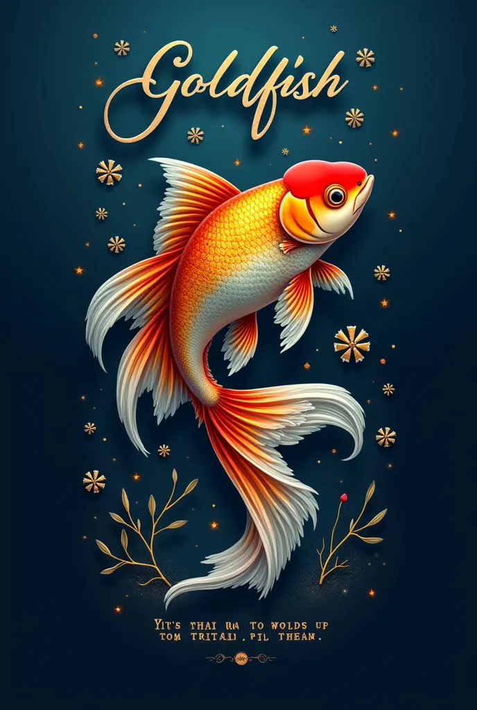 Word quote goldfish text art font   ( Perfectly Correct Anatomy ) Word quote goldfish text art font  二條迷人金鱼(close up)Animation style dark blue background goldfish logo pattern design goldfish text ( Perfectly Correct Anatomy )Swimming very elegantly flat vector logo pattern design，

                         Sparkling Premium Content Very Detailed、 Dynamic angles and elegant atmosphere，intricate details, masterpiece fair. lifelike