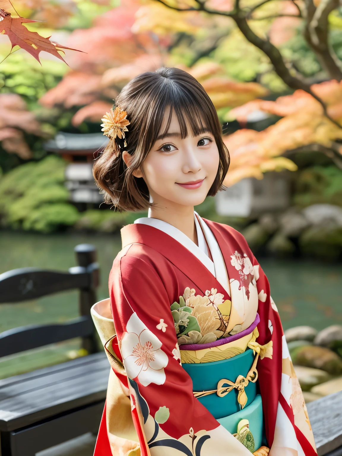 (masterpiece, best quality:1.2), 1girl, Alone, Japanese women, Beauty, 20 years old,  Perfect eyes with perfect symmetry,  Very detailed, hyper practical, masterpiece, AtmosphereHigh Resolution,  Happy expression,  Beautiful breasts,  Brown eyes,　(Red gorgeous Japanese style floral luxury kimono、Long-sleeved kimono, Kyoto Yuzen), smile, Black Hair、Short Hair, With bangs, Japanese style hair accessories, (Sit on a bench and look at the autumn leaves), (The background is a beautiful Japanese autumn landscape、nature, Autumnal leaves, Light)