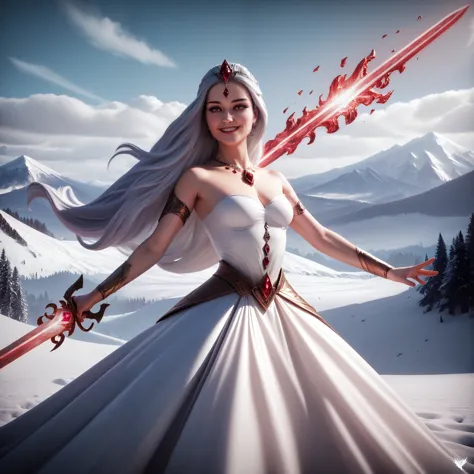 a beautiful woman with long flowing hair wielding an ice blue flaming sword, dancing in a snowy landscape, wearing a flowing whi...