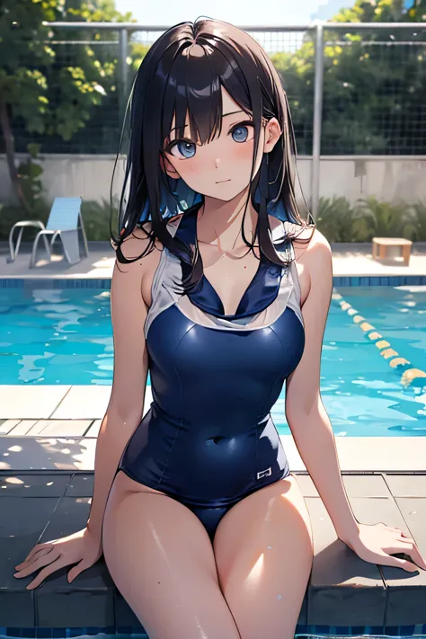 high resolution, woman , good lighting, despicable, , (clothes not removed), (((shiny dark blue school swimsuit))), pool, cute f...