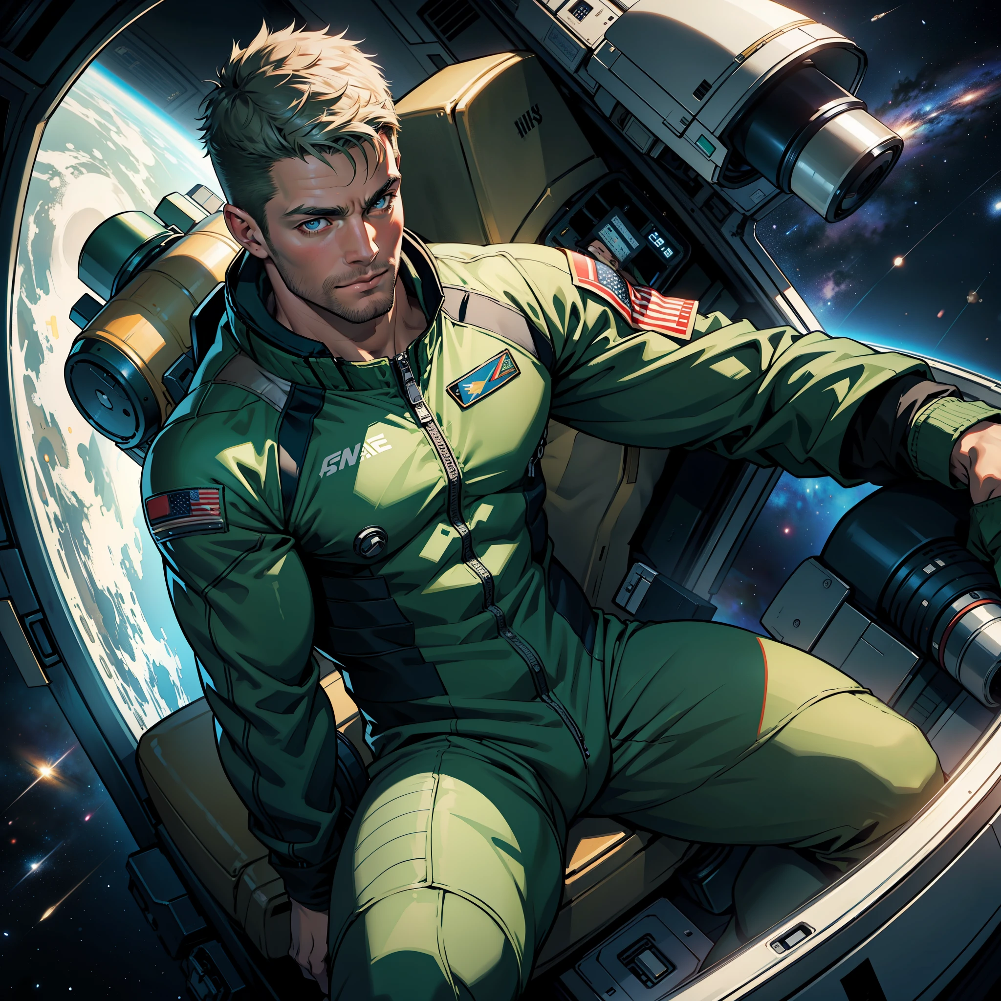 32k,masterpiece, best quality, detailed face, natural eyes,1man, solo mature man, muscled and mature, stephen amell as an astronaut wearing future space suit, dark green suit, showing muscles and bulge ,floating in the space inside a space shuttle , with "arrow" text and logo on his suit ,  full body, intricate Detailed background , volumetric lighting 