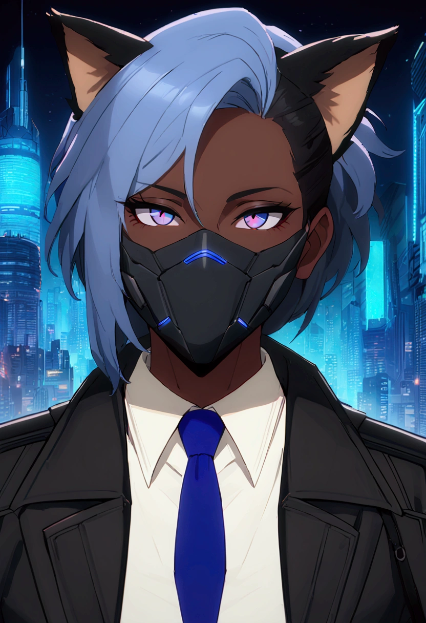 (8k, 4k, intricate),(halfbody-shot:1), (highly detailed:1.2),(detailed background:1.2, futuristic city, night sky),((dark skin,dark blue eyes )),,((sci-fi aesthetic, futuristic clothing, cyberpunk aesthetic))) (handsome male, detailed facemask, detailed eyes,)) ((cat ears,)) anime guy with black and blue hair wearing a facemask,black hair with blue hair streaks trigger anime artstyle, 2 d anime style, character portrait of me character half body portrait, commission for high res, oc commission, anime vibes, cyberpunk art ultrarealistic 8k, cyberpunk style, he wears white dress shirt, black and royal trenchcoat, black fingerless gloves , character concept portrait of me, detailed character portrait, as a dnd character, discord pfp, avatar for website, , a character portrait,, (half body), character portrait of me, portrait of ((mischievous)), in style of tyler mitchell, official fanart, detailed fanart, commission for high res, character concept portrait of me, sly smile, high quality fanart, kemonomini, character concept portrait of me, detailed character portrait, as a dnd character, discord pfp, avatar for website, a character portrait, (handsome) portrait of ((mischievous)), character portrait of me character half body portrait, commission for high res, oc commission, 