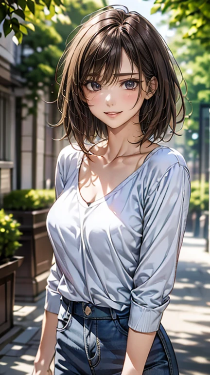 (masterpiece:1.2, highest quality, 8k, Advanced Details), (Realistic, photoRealistic:1.4), Beautiful illustrations, 
Looking at the audience, whole body, Front view:0.6, 
((One Mature Woman)), bangs, Hair between the eyes , Large Breasts、Beautiful Hair, Beautiful Hair type, Beautiful Face, Beautiful and detailed, (Shining Eyes:1.3), Beautiful clavicle, Beautiful body, Beautiful breasts, Beautiful thighs, Beautiful feet, Beautiful fingers, Perfect Anatomy:1.3, Perfect Anatomy, (Casual Fashion:1.6), Perfect body, Perfect Face, Depth of written boundary, Perfect image realism, With background:((Outdoor))、in the forest、Detailed With background, Detailed costume, Perfect lighting、Hyperrealism、Photorealistic、8K maximum resolution, (masterpiece), Very detailed, Professional