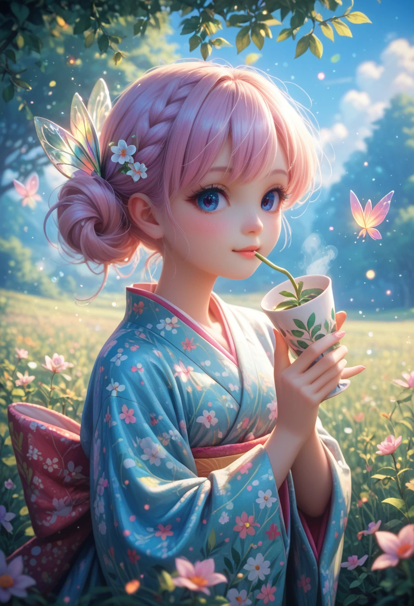 Fairy tale illustration by Reiko Ikemura, Pixabay, simple art, full color illustration, cute fairy tale illustration, picture book illustration, illustration, Girl picking tea in Hayao Miyazaki style, in field, kimono