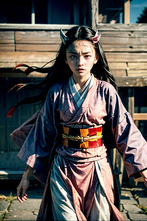 still image from live action film 1989 dark fantasy, demon slayer, young nezuko face focus