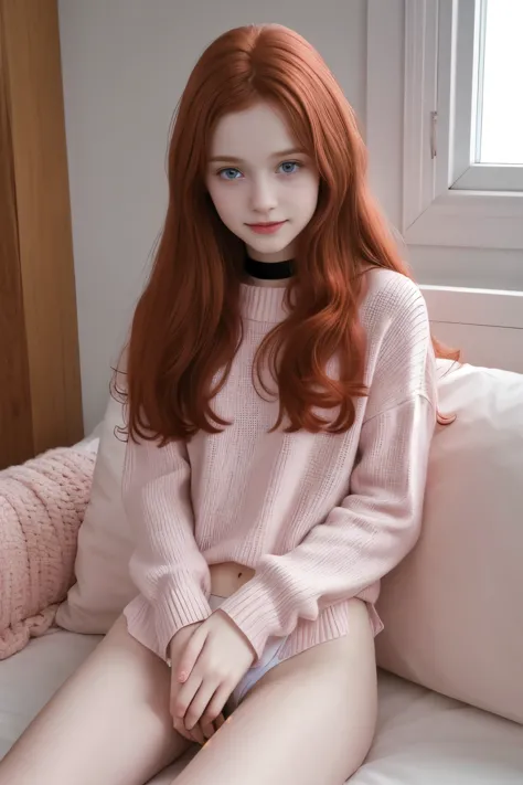 (((solo girl))) (1girl) from behind, full body shot, underneath shot, raw photo, (12yo skinny redhead girl:1.2), ((baby face)) ((intense red hair)) ((very long hair)), blushing, graphic eyeliner, rouge, (lipstick:0.6), (choker:0.9), realistic skin texture, oversize knit sweater, (red:0.8), softcore, warm lighting, cosy atmosphere, instagram style, nsfw , naive, shy, short, thin, fit, beautiful, cute, pale skin, ((just a little smile)) ((blushing smile)), very suggestive open legs, sexy pose.
