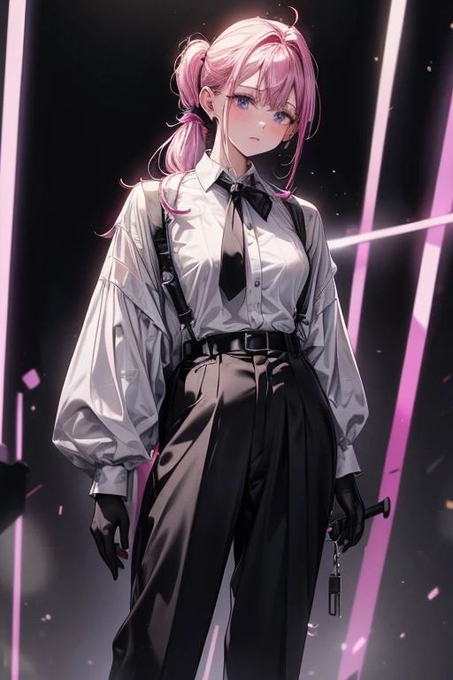 (best quality, masterpiece), 1women ,4k, 8k, uhd, hdr, detailed background, purple and pink mixed hair, high pony tail , wearing a white button-up shirt with a black tie, black suspenders over the shirt, black gloves, black pants, , full body, 