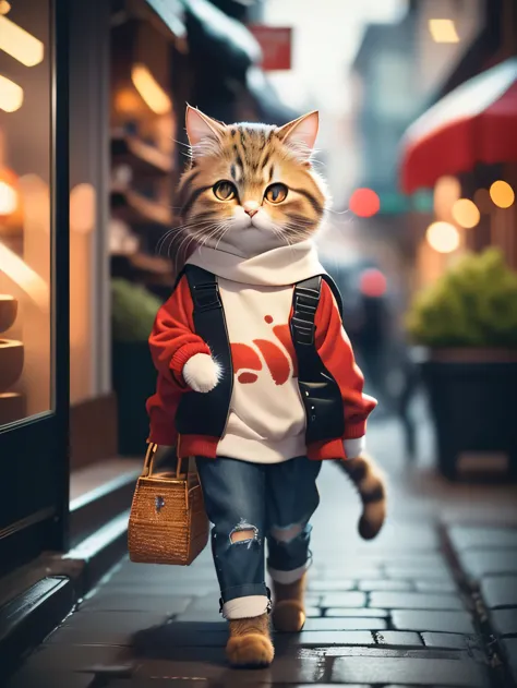 fluffy brown cat, highly detailed cat and fur, wearing slim  black  jeans,red pulover, roaming in street, highly detailed image,...