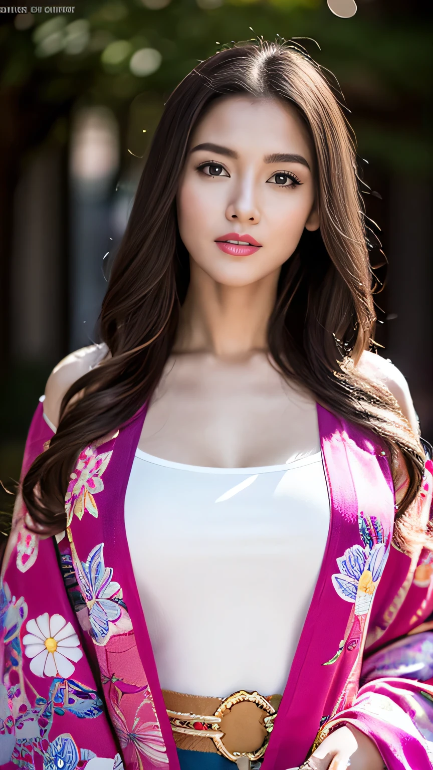 Realistic, Highest quality, 8k, woman, 20-year-old, Sakura pattern kimono, Large Bust, Long Hair, Ultra-detailed skin textures, Soft Lighting, Fairy, Bokeh, magenta Lipstick, Sensual Lipstick, Sensational Make up 