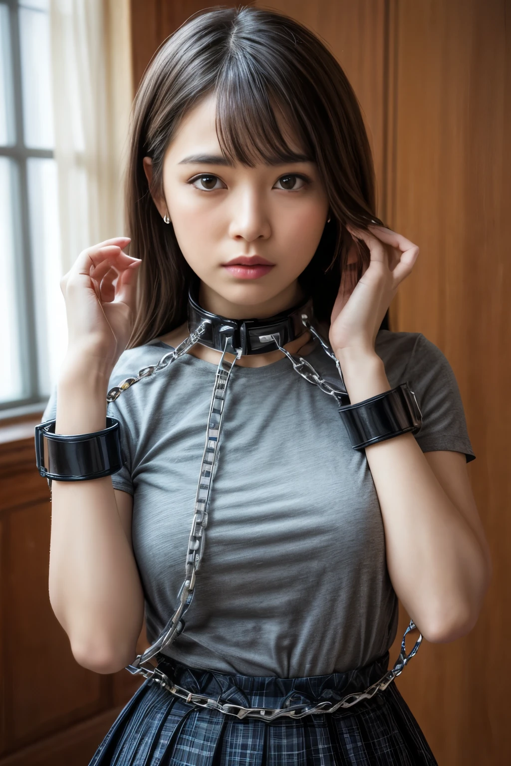 (realistic, photo-realistic, best quality, masterpiece), high resolution, 8k wallpaper, shape, extremely detailed, intricate details, full body, solo, a Japanese lady, pale skin, detailed face, detailed eyes, sophisticated nose, (t-shirt, skirt), (restrained, hands up, chained cuff to collar, metal collar, wrist cuffs, cuff2collar:1.4),  photo background, indoors, home, 