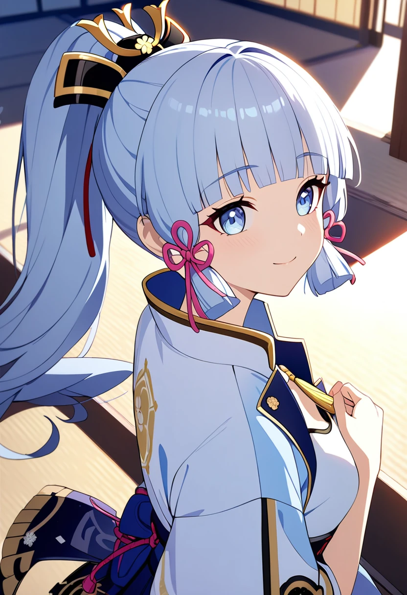 (masterpiece), (best quality), (ultra detailed),(disheveled hair),(illustration), (1girl), standing, smiling, beautiful detailed eyes, light blue eyes, detailed beautiful face, (kamisato ayaka: 1.2), focus on face, ponytail, kamisato ayaka(genshin impact), light blue hair, detailed hair, bangs, best lighting, best shadow, highly detailed, vibrant
