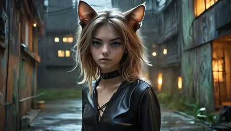 ((((barely legal girl, with cat ears and choker, in leather crop shirt with revealing and plunging cleavage)))), ((small perky b...