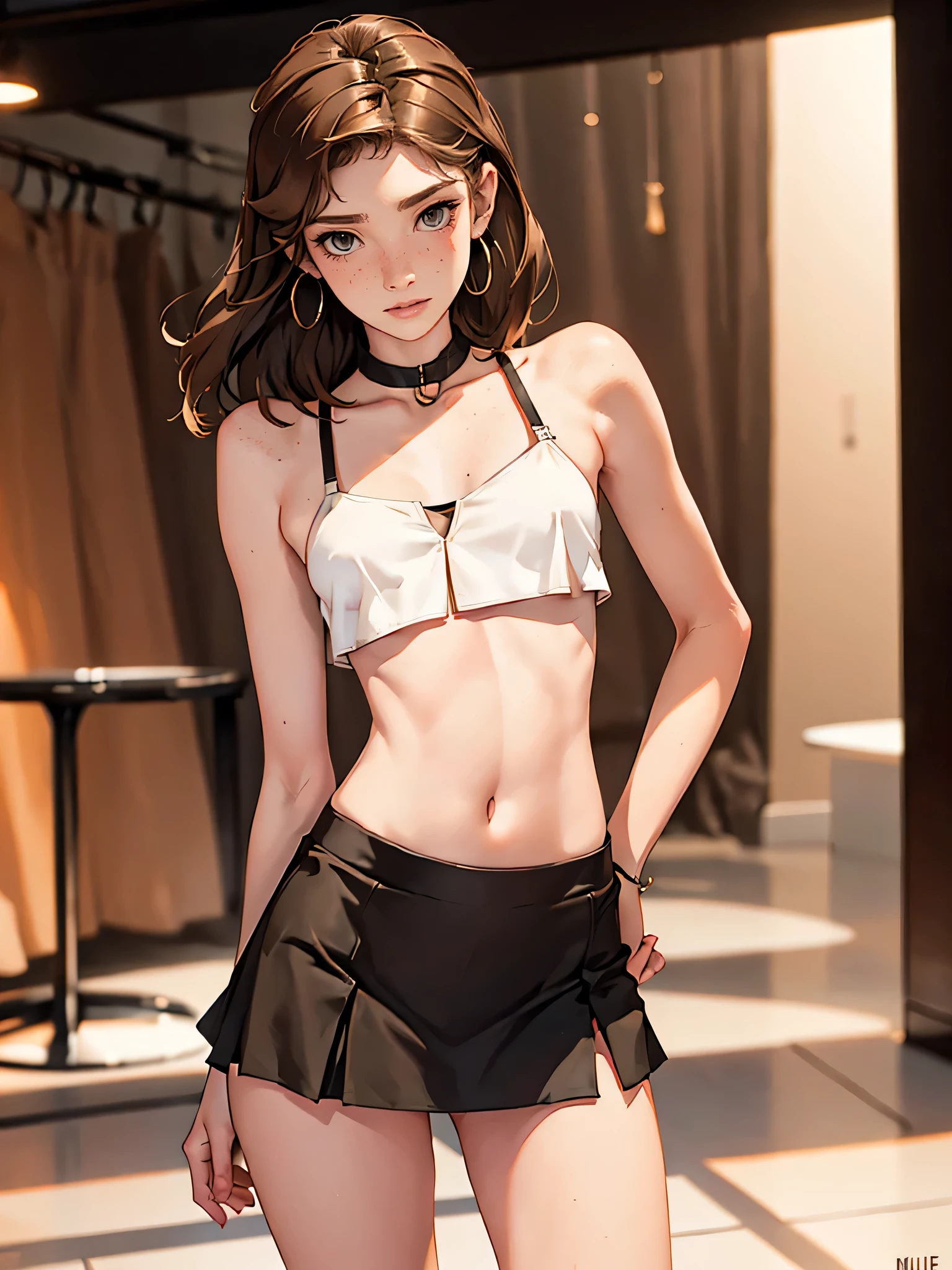 (masterpiece), best quality, expressive eyes, perfect face, nightclub background), (standing), (smirk), (closeup view), (1girl, blaire ivory,  brown hair ,slender figure, thin body, skinny body, petite_body, medium breasts, slim thighs, long fingernails, ,skirt , loose crop top, thong straps, hoop earrings, miscellaneous jewelry, slutty)), slim hips, freckles, makeup